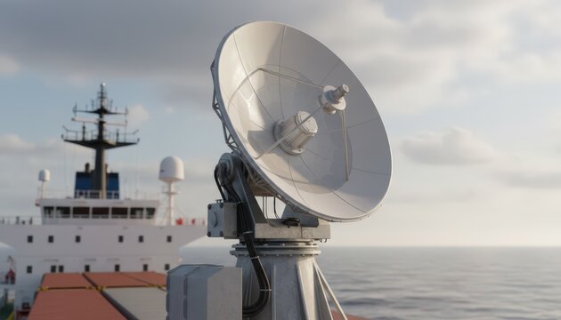 Focused medium shot of a stabilized satellite dish on a cargo ship highlighting the technology against a softly outoffocus ship mast and sky.