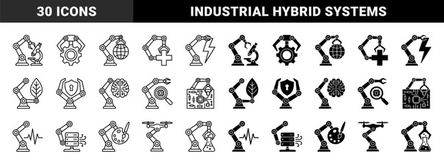 Naklejka premium Robotic arm automation hybrid icons merging mechanical industrial limbs with laboratory equipment medical symbols green energy and neural brain technology