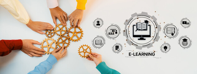 A dynamic visual showcasing hands assembling gears, symbolizing collaboration in e-learning. Icons...