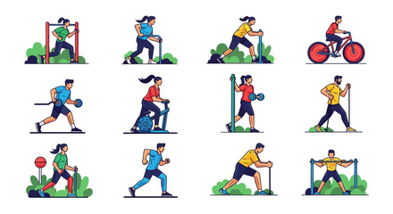 Fototapeta premium Vector illustration of a set of people including a woman, business worker, builder, and children alongside a sport player collection for a fun group icon set