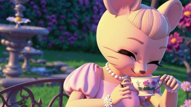 A cartoon mouse character with blonde hair, wearing a pink dress and pearl necklace, holds a teacup in a colorful garden setting with flowers and a fountain.