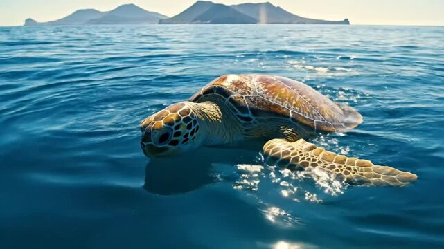 Graceful sea turtle gliding through the ocean's surface with distant islands in the background under sunlight