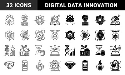 Obraz premium Hybrid technology and data science concept symbols merging digital infrastructure with organic growth and industrial innovation in outline and solid styles