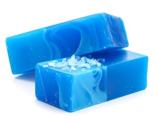 Two bars of blue sea salt soap on white background.
