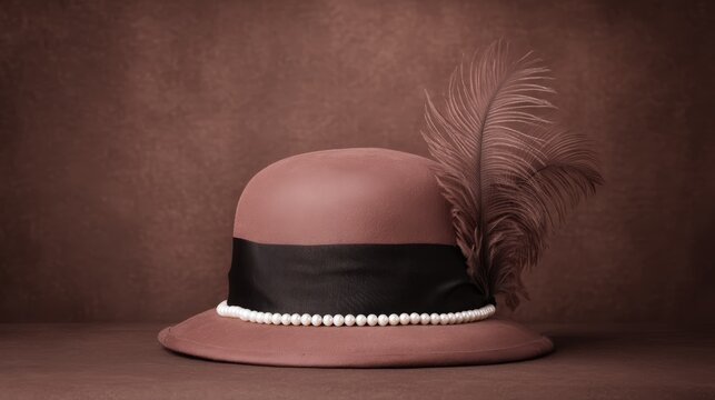 A vintage pink hat adorned with a black ribbon, pearls, and a feather, set against a textured brown background.