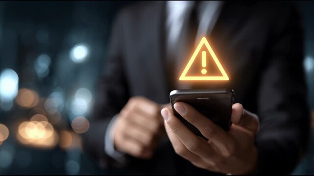 A man uses his smartphone to manage an emergency alert notification in a busy city at night. Bright city lights surround him.