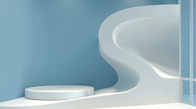 A modern architectural interior design featuring a blue and white color scheme. A minimalist stage with curved wall accents and light, with a window frame