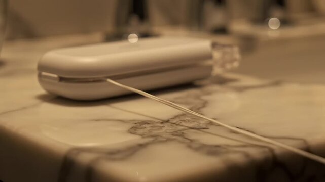 White dental floss dispenser with pulled string rests on a marble bathroom countertop for daily oral hygiene, emphasizing prevention.
