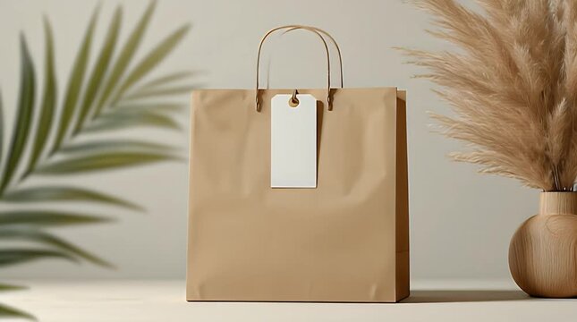 A neutral-toned shopping bag with a blank tag hanging from its handles, set against a blurred background with plants and a wooden vase