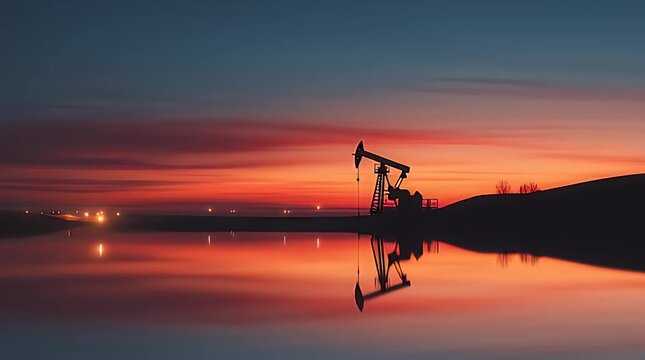 A scenic sunset reflects in the still water. Silhouetted pumpjack and a distant shore are also visible. Fiery red and orange skies