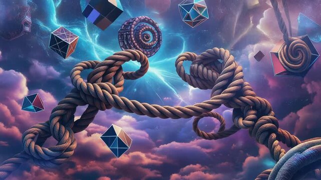 Surreal Rope Sculpture with Dice and Clouds.