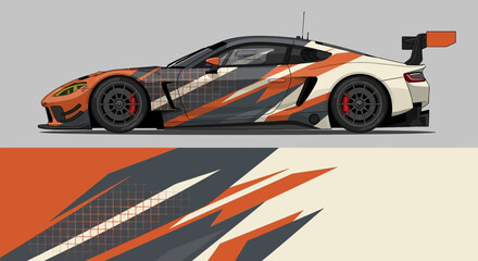 Dynamic orange racing car with bold black white graphics in side profile. © Lailatul