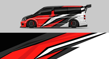 Side view of a sleek red, black, and white race car with bold graphic livery. © Lailatul