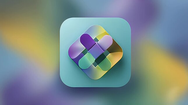 A vibrant abstract design features a rounded square with a layered, interlocking shape in shades of purple, green, yellow, on a blurred background