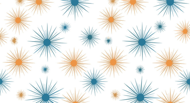 Seamless abstract pattern of orange and blue starburst or firework shapes in various sizes on a clean white background.