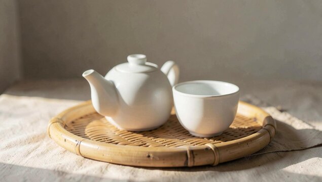 Minimalist white ceramic teapot and cup on a bambo