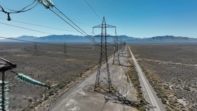 Energy Infrastructure Across Vast Desert Landscape with Power Lines and Dirt Road for Industrial Use and Environmental Studies.