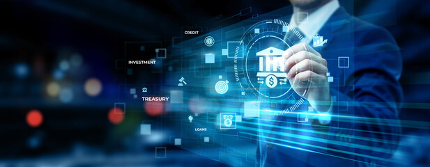 Obraz premium Businessman pointing at corporate banking technology on futuristic digital interface screen, financial services innovation, digital transaction system, enterprise finance concept