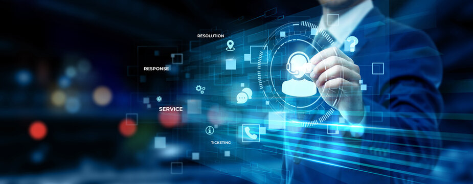 Businessman pointing at customer support technology on futuristic digital interface screen, help desk service system, online assistance platform, CRM communication concept