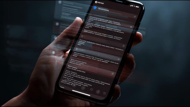 A person holds a smartphone showing blurred social media notifications while scrolling through the content in a well-lit space.