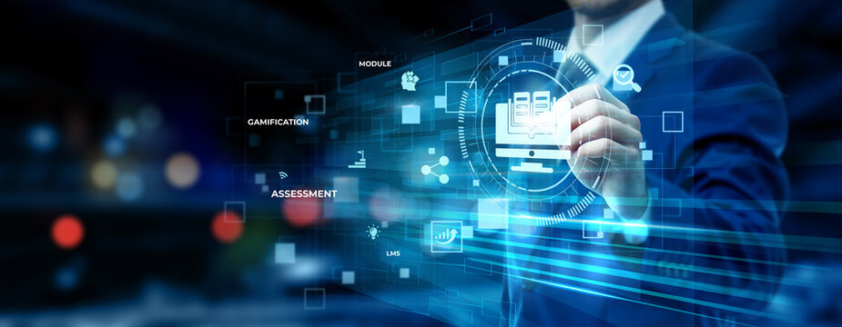 Businessman pointing at e-learning technology on futuristic digital interface screen, online education platform, virtual training system, remote learning innovation concept