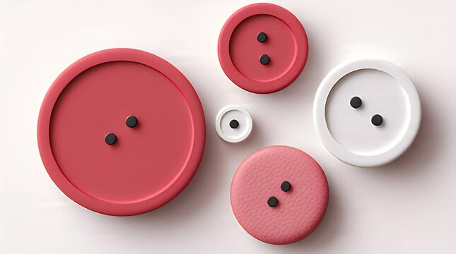 Overhead shot showcases various sized buttons scattered on a light background. Buttons feature a range of red/white hues with black center dots