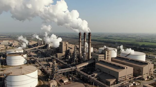 Panoramic View of a Large Industrial Complex with Smoking Chimneys and Storage Tanks, Perfect for Environmental Impact Studies or Energy Production Concepts.