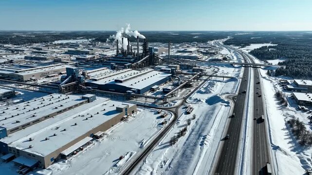 Expansive Aerial View of a Large Industrial Factory Complex and Highway in Winter. Perfect for Environmental Documentaries and Infrastructure Projects.