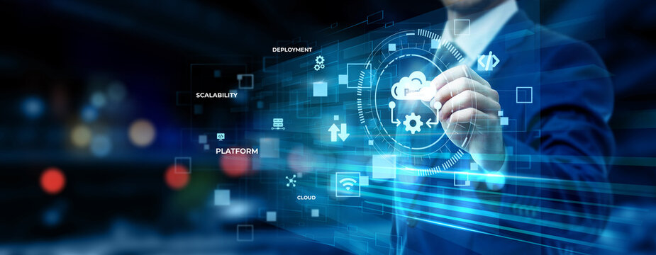 Businessman pointing at PaaS technology on futuristic digital interface screen, cloud application platform, software development system, enterprise IT solution concept
