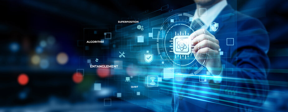 Businessman pointing at quantum computing technology on futuristic digital interface screen, advanced computing system, AI optimization solution, futuristic tech innovation concept