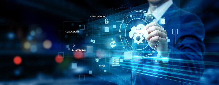 Businessman pointing at SaaS technology on futuristic digital interface screen, cloud application solution, enterprise software platform, digital service system concept