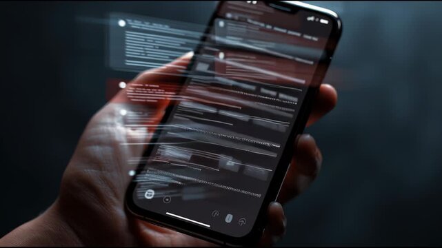 User holds smartphone showing blurred social media notifications at night. Bright screen flashes messages in dark surroundings.