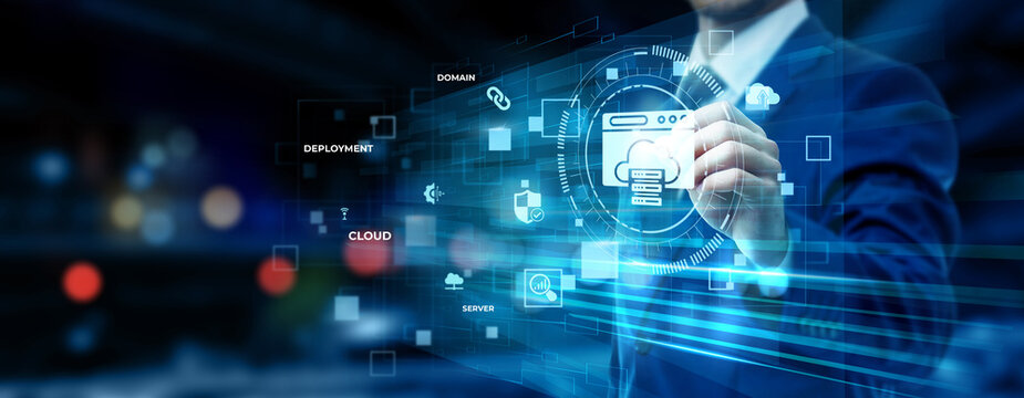Businessman pointing at web hosting technology on futuristic digital interface screen, server management system, cloud hosting solution, website infrastructure platform concept