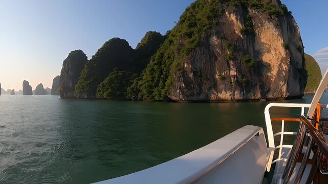 Emerald waters of Ha Long Bay shimmer as limestone karsts rise dramatically from the sea framed by a cruise ship and green vegetation perfect for travel content focused on Southeast Asia