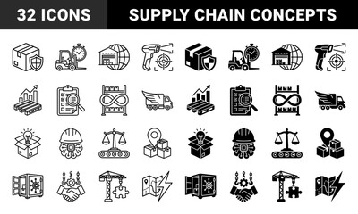 Fototapeta premium Logistics and supply chain management hybrid icons featuring industrial equipment merged with conceptual symbols like lightning bolts and gears