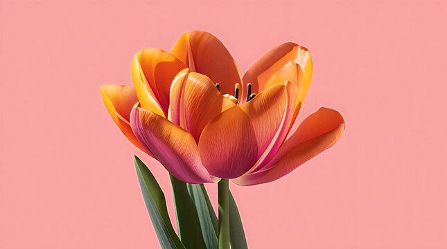 A vibrant, close-up photograph showcasing a tulip, its petals boasting gradients of orange, pink, and yellow. Green stems extend downwards, the background is a soft pink hue