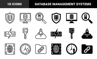 Fototapeta premium Data Management and Cybersecurity Hybrid Icons Featuring Shielded Servers Database Monitoring Terminal Keys and Biometric Fingerprint Access Nodes