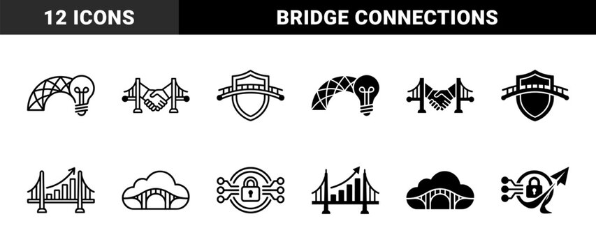 Hybrid bridge icons merging infrastructure with business growth symbols like lightbulb light bulb handshake shield bar chart cloud lock and gear