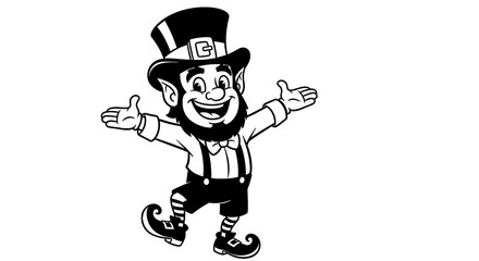 Cheerful leprechaun character in black and white line art style celebrating saint patricks day with open arms