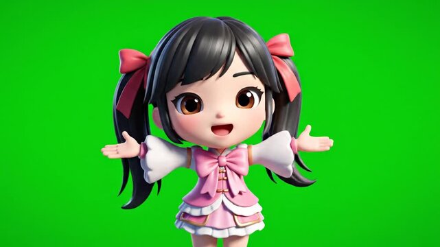 A 3D rendered cartoon character with dark hair and pink bows, wearing a pink dress. The character has an open mouth and outstretched arms, posing against a green background