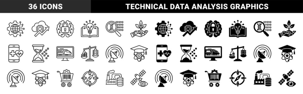 Hybrid conceptual icons featuring integrated technology and industrial metaphors including brain security cloud processing and data analytics symbols