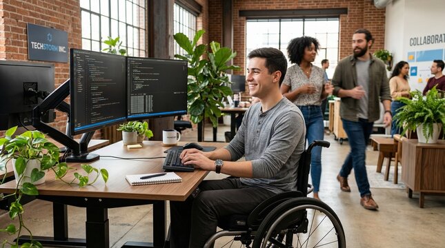 A man in a wheelchair works at a desk with dual monitors in a modern office with coworkers in the background.