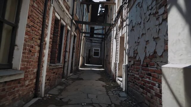 detailed 4k urban exploration footage old crumbling alleyway exposed bricks streaks light cutting through shadows portraying quiet decay nostalgic character forgotten architecture