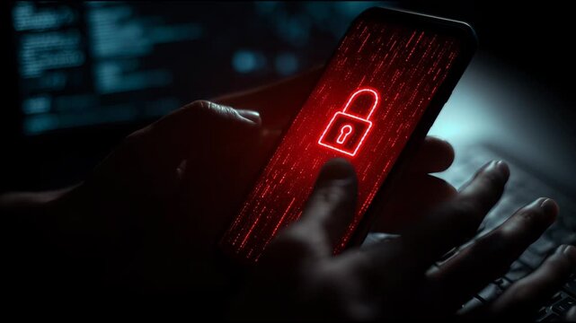 Hands hold a mobile device displaying a locked screen with red graphics in a dark room next to a computer with bright blue text.