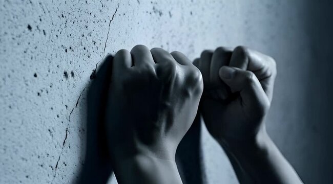 Frustrated hands clenching tightly against a textured concrete wall conveying struggle and despair in a dramatic blue