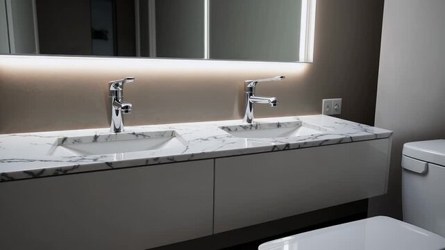 modern luxury bathroom marble surfaces dual sinks glowing mirror lights captured high quality 4K video highlights elegant design serene ambiance