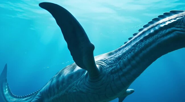 Majestic plesiosaur swimming gracefully through deep blue ocean water ancient marine reptile prehistoric underwater