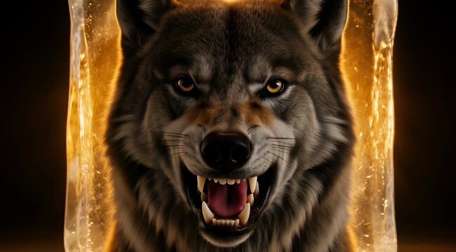 Fierce wolf head snarling with sharp teeth bared glowing amber light illuminating its fur and intense eyes dark