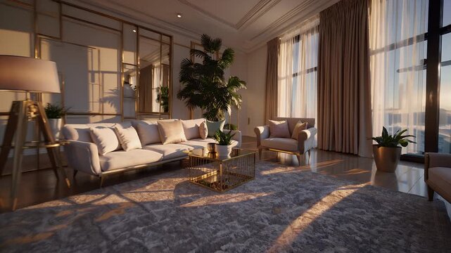 high quality 4K animated background luxurious virtual living room interior filled golden hour lighting cozy furniture soft sunset tones perfect stream overlays VTuber setups aesthetic chill backdrops