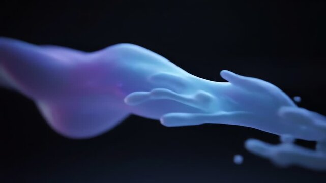 A fluid, ethereal form surges, blending pale blues and a hint of pink against a dark backdrop. The shapes are soft and undefined